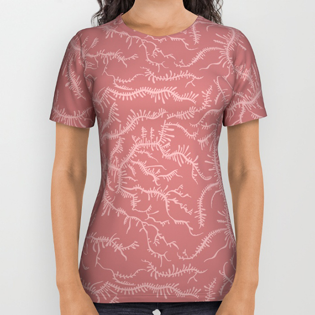 short sleeved t-shirt with pink ferning pattern