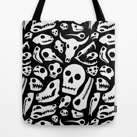 tote bag with black and white skull pattern