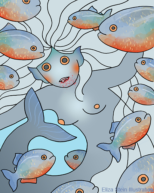 mermaid monster surrounded by piranhas