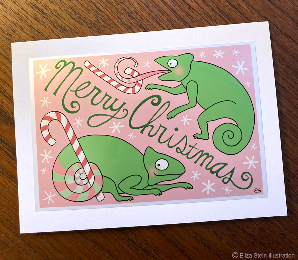 Chameleons and candy canes Christmas card