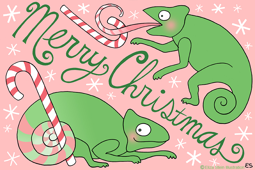 illustration of chameleons that says "merry christmas"