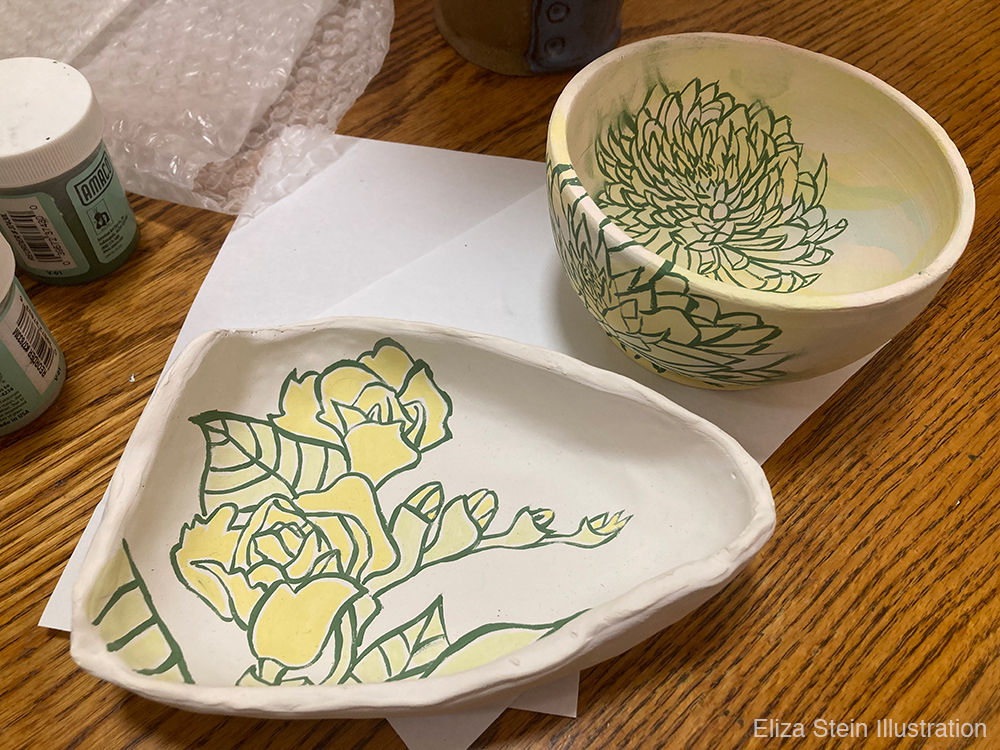 ceramic dish with freesia painted on it and bowl with painted chrysanthemums