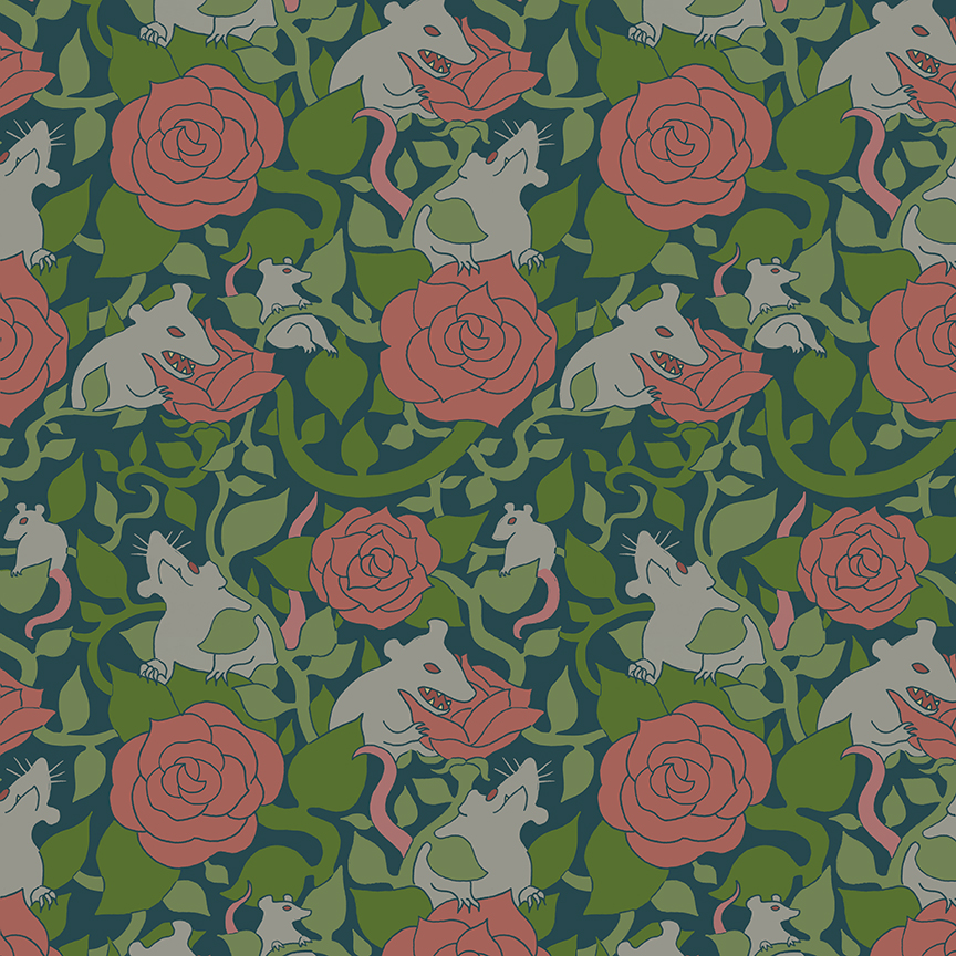 repeating pattern of pink roses, gray rats, and green vines on a blue background