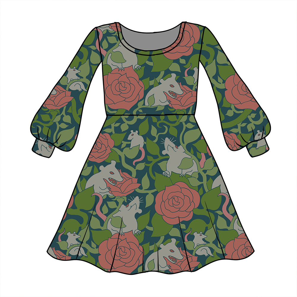 long sleeved dress mock up with rats and roses pattern