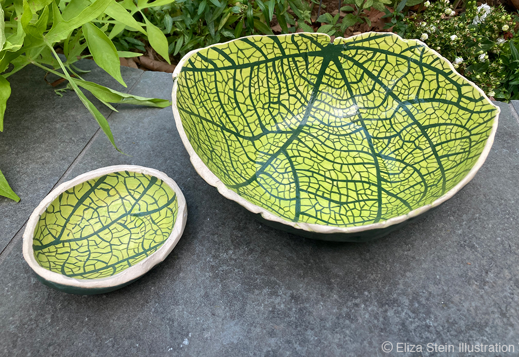 matching ceramic dish and bowl, painted inside with leaf vascular patterns