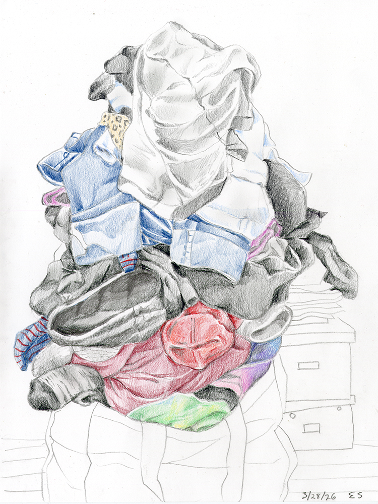 colored pencil drawing of pile of crumpled clothes in a bag