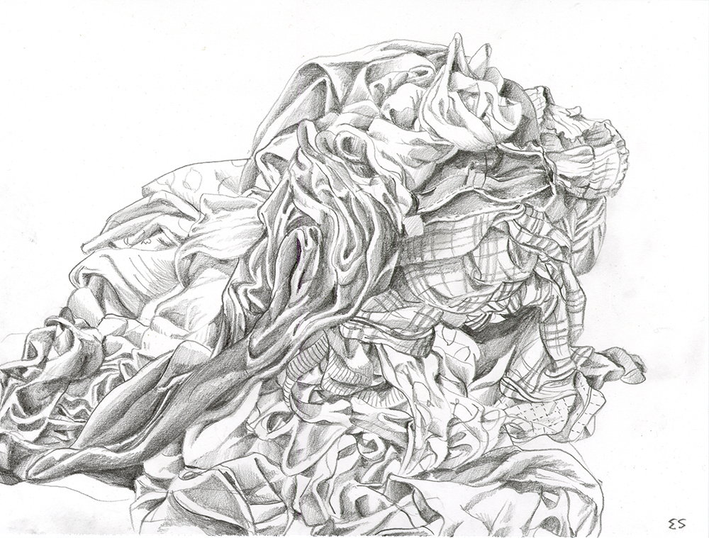 pencil drawing of crumpled clothing