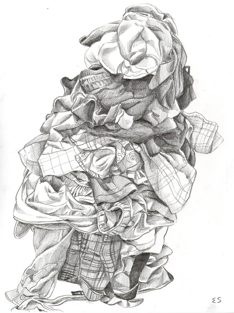 pencil drawing of a leaning tower of crumpled clothing